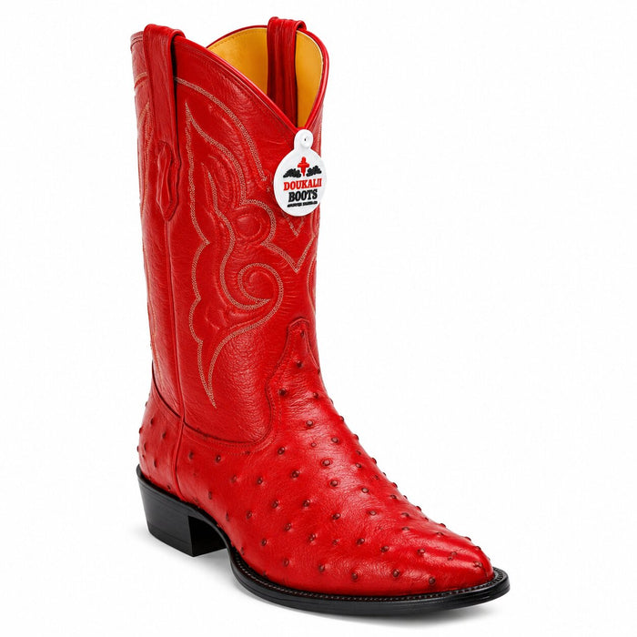Los Altos Boots Red Ostrich J-Toe Cowboy Boots - Botas De Avestruz