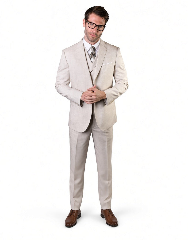 Mens Ticket Pocket Peak Lapel Double breasted Vest 100% Wool Tom Ford Style Modern Fit in Color "Tan" By Statement