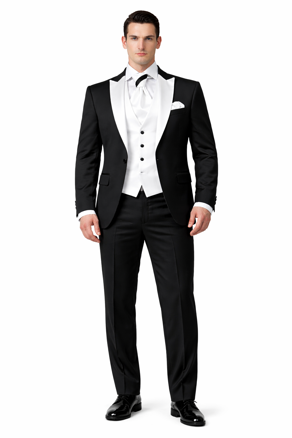 Men's Black and White Lapel Peak Lapel Vested 3 Piece 1 Button Tuxedo With White Lapel Suit with white vest or black vest