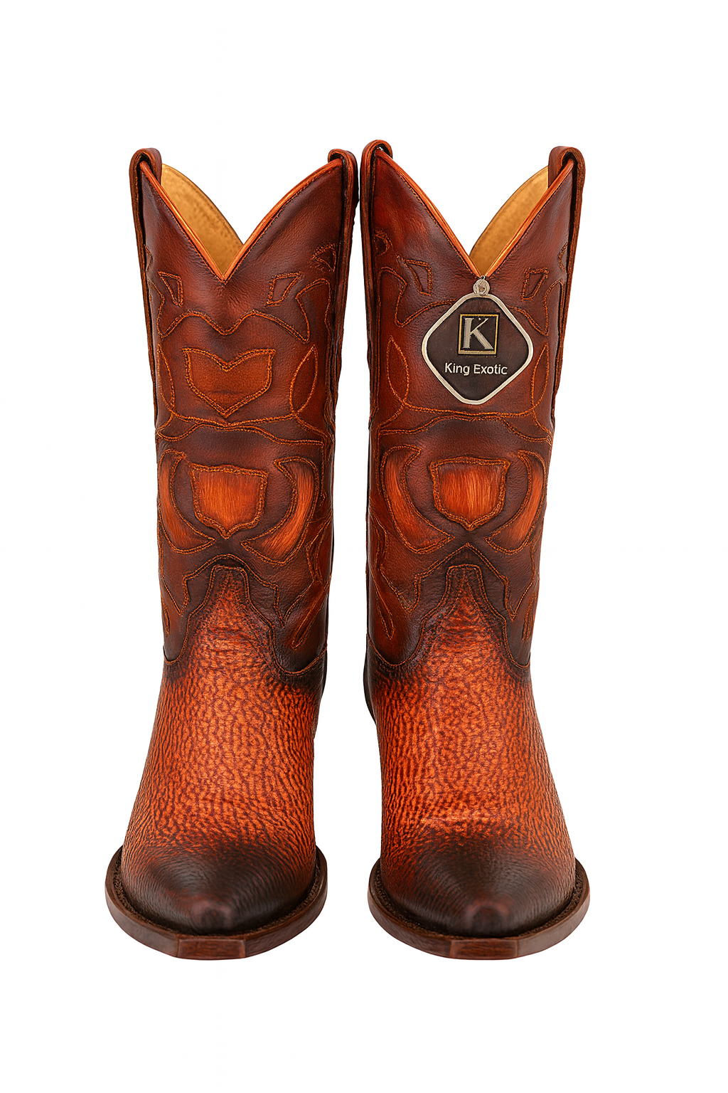 Men's King Exotic Snip Toe Sharkskin Boots Handcrafted Burnished Cognac (494RD0903)
