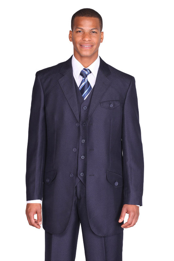 Mens 3 Button Vested Mini Diamond Weave Shiny Sharkskin Suit in Navy