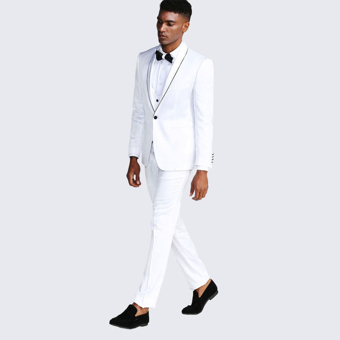 White Slim Fit Satin Tuxedo – Four Piece Set