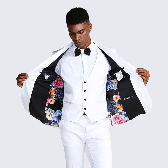 White Slim Fit Satin Tuxedo – Four Piece Set