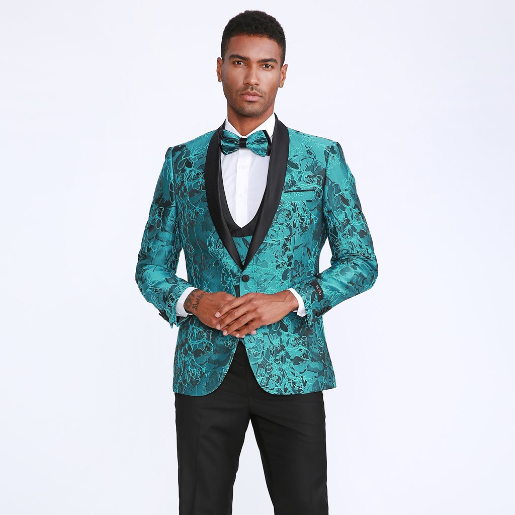 Turquoise Floral Tuxedo with Shawl Lapel – 4 Piece Set