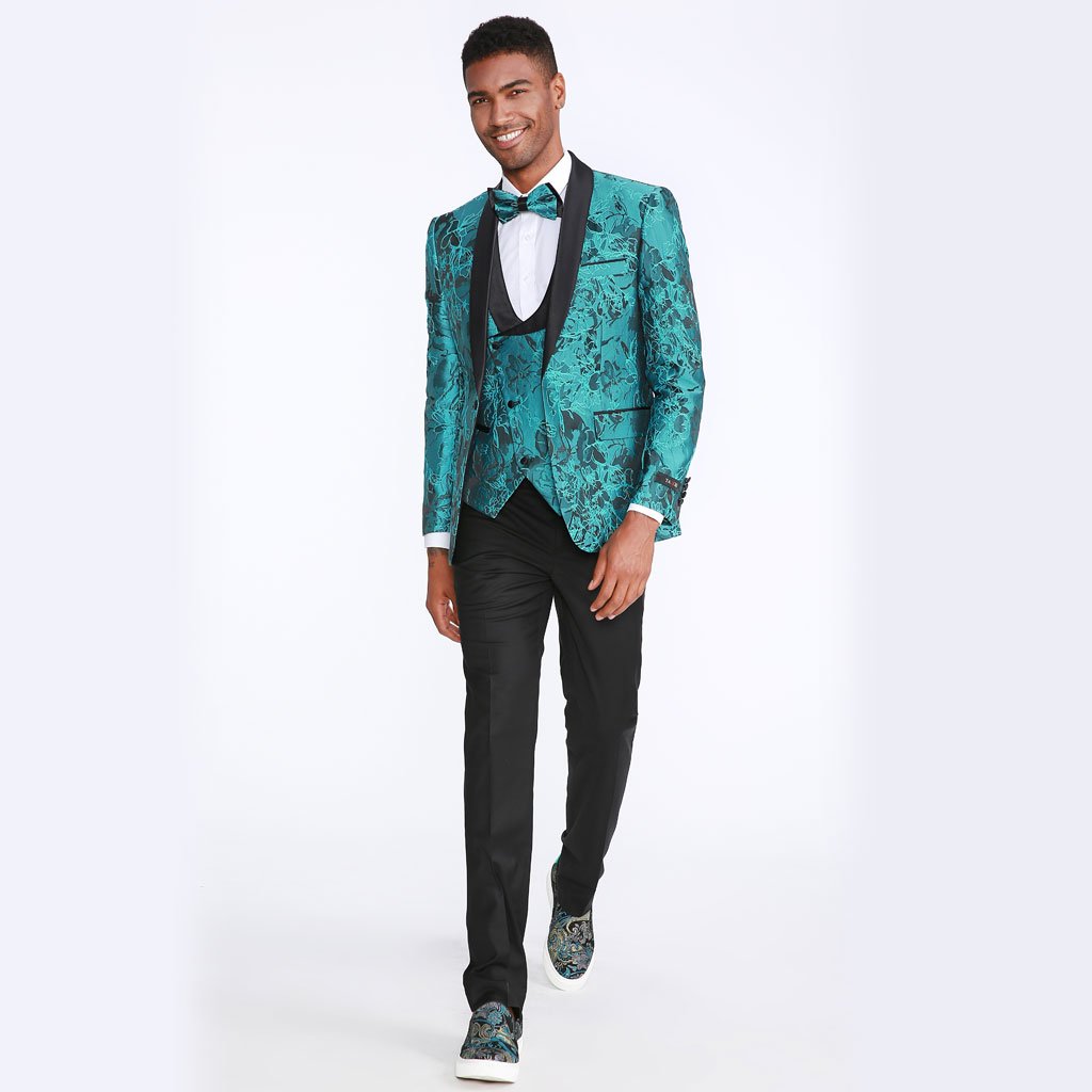 Turquoise Floral Tuxedo with Shawl Lapel – 4 Piece Set