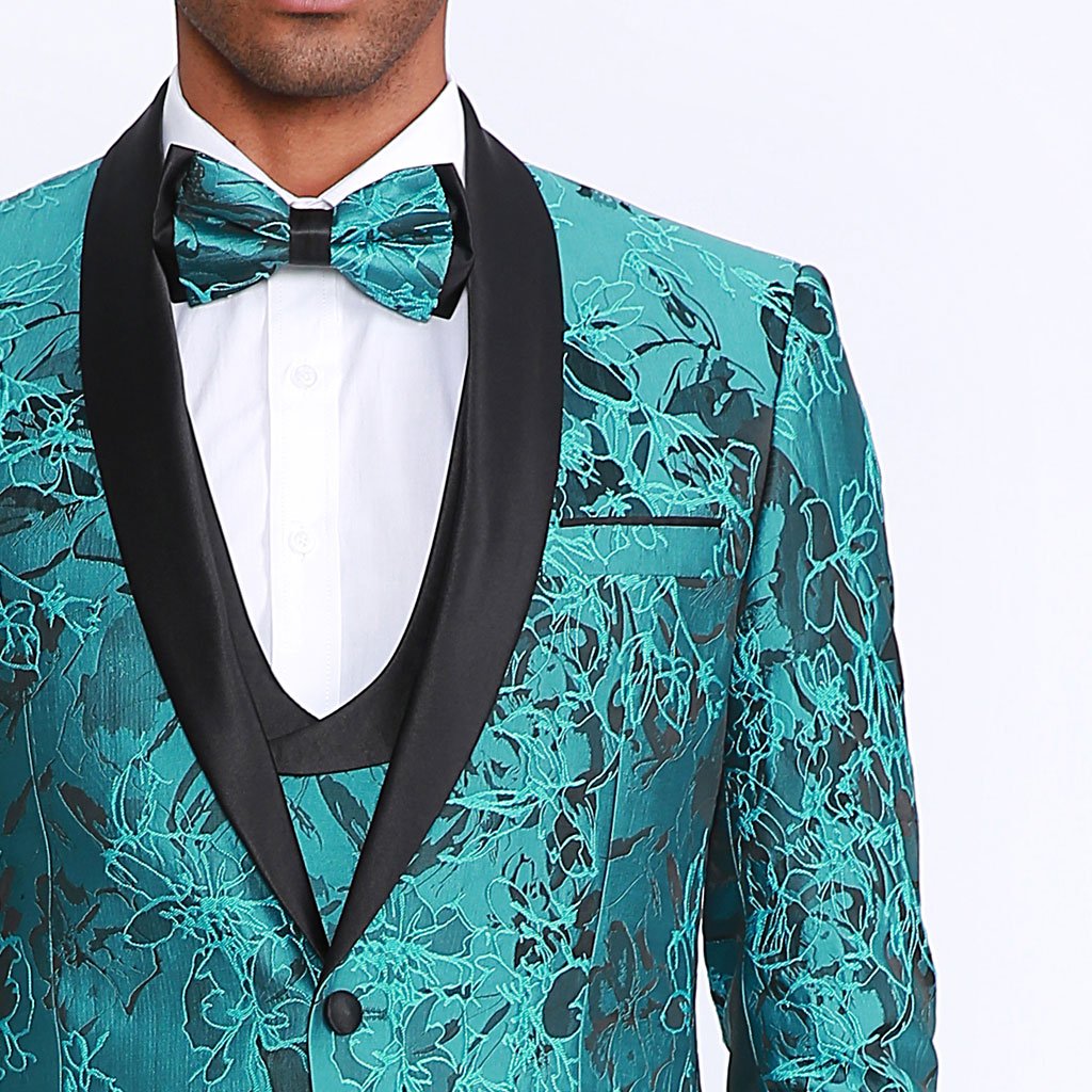 Turquoise Floral Tuxedo with Shawl Lapel – 4 Piece Set