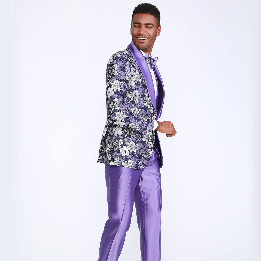 Purple Floral Tuxedo Set with Shawl Lapel – Wedding & Prom