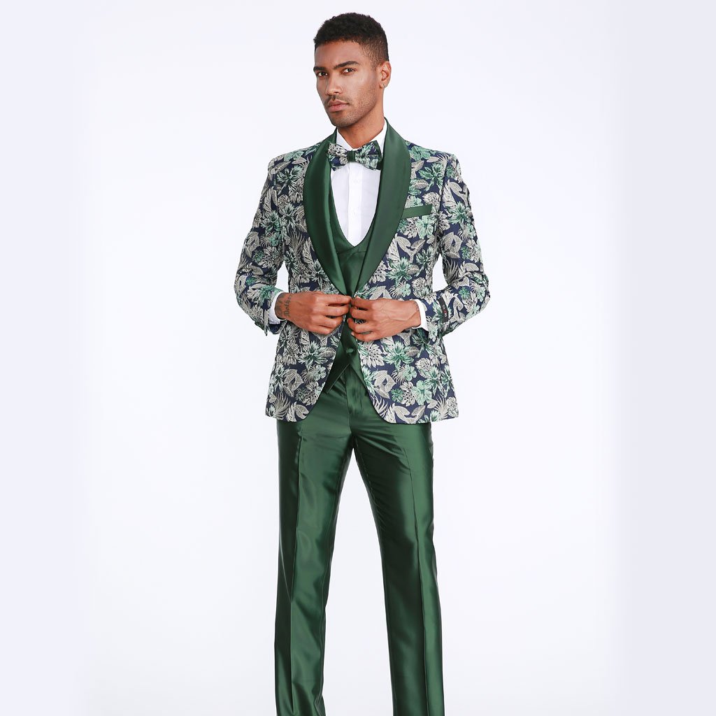 Green Tuxedo with Floral Pattern Four Piece Set - Wedding - Prom