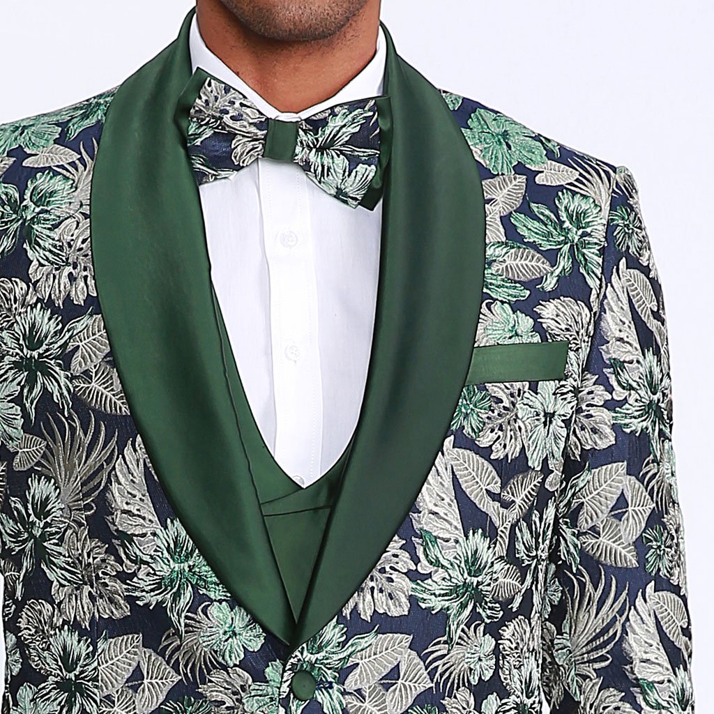 Green Tuxedo with Floral Pattern Four Piece Set - Wedding - Prom