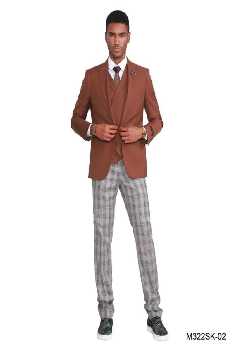 Tazio Men's Fit 3 Piece Plaid Suit
