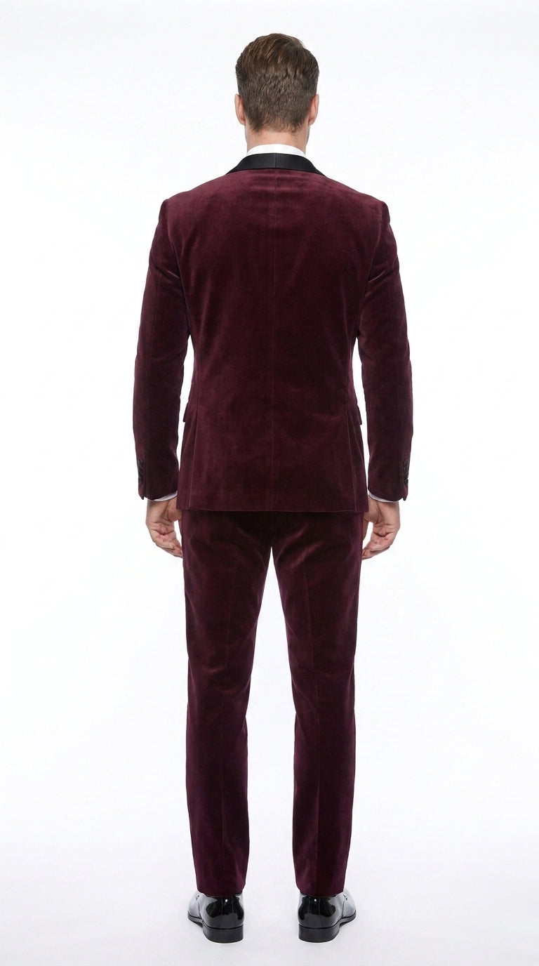 Men’s Maroon and Black Tuxedo Suit, 1 Button Burgundy Shawl Lapel Formal Wedding Prom Suit