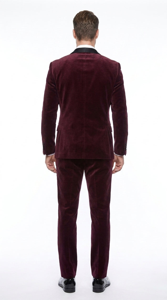 Men’s Maroon and Black Tuxedo Suit, 1 Button Burgundy Shawl Lapel Formal Wedding Prom Suit