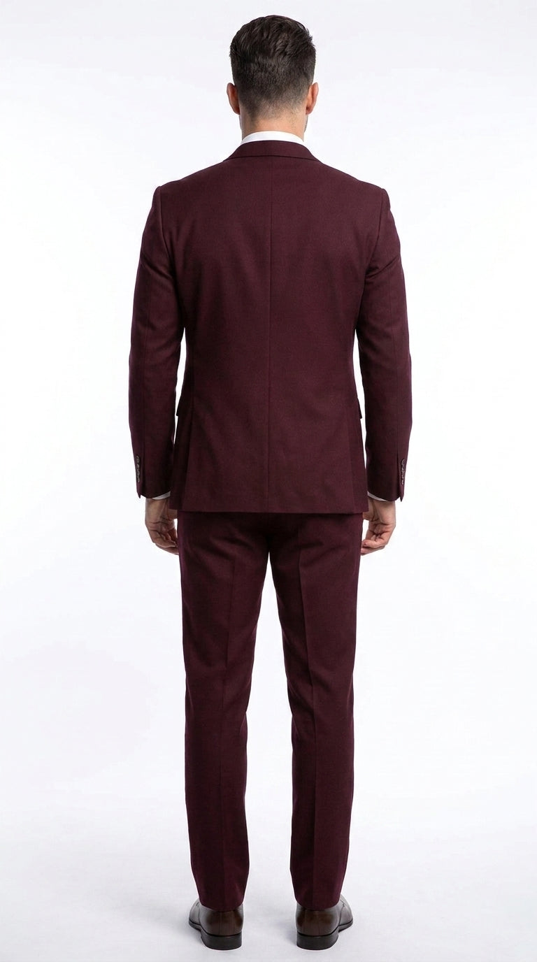 Men’s Burgundy 3-Piece Wool Suit – Regular Fit Wedding, Business and Formal Suit with Pleated Pants