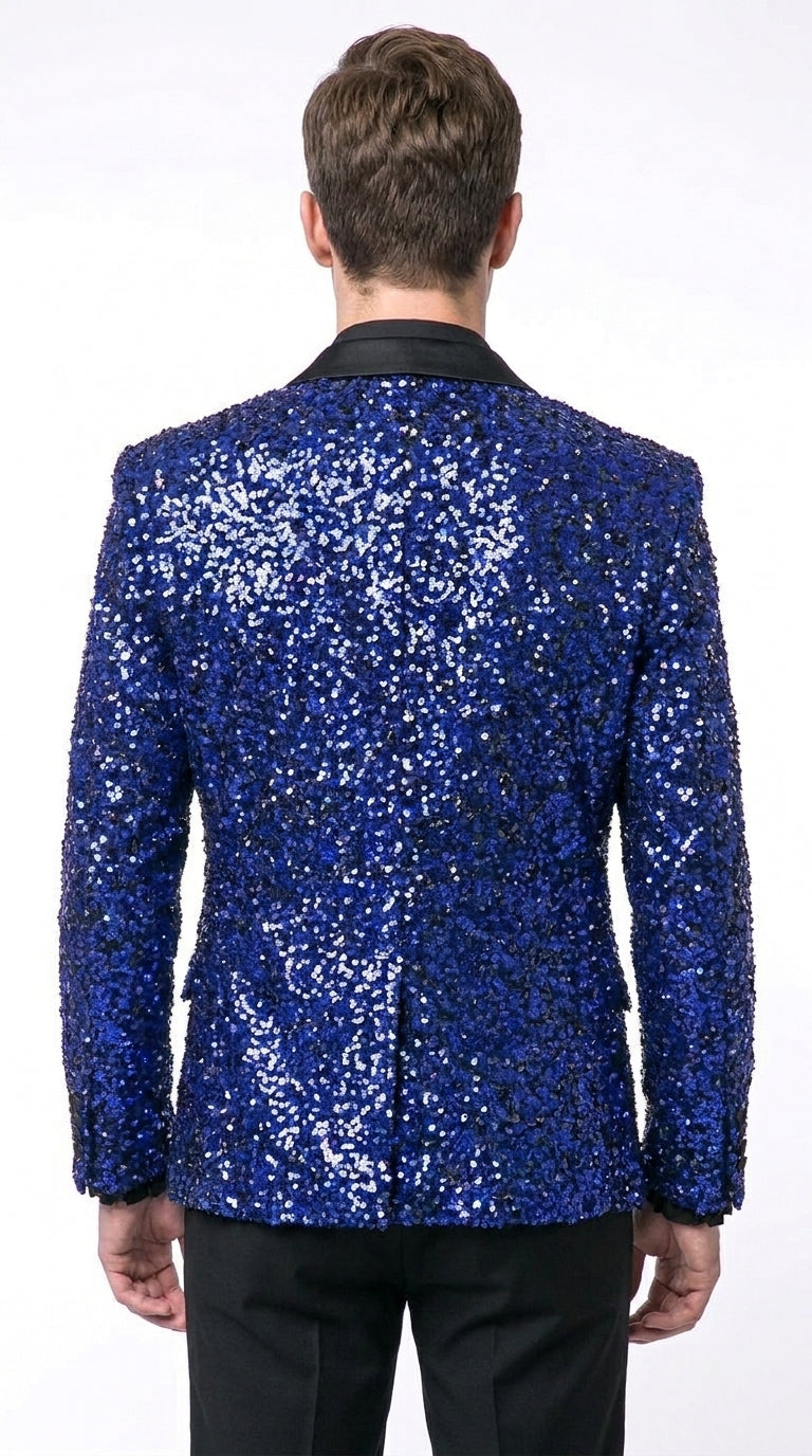 Men’s Royal Blue & Black Sequin Paisley Dinner Jacket – Glitter Sparkly Prom, Wedding and Party Tuxedo Blazer