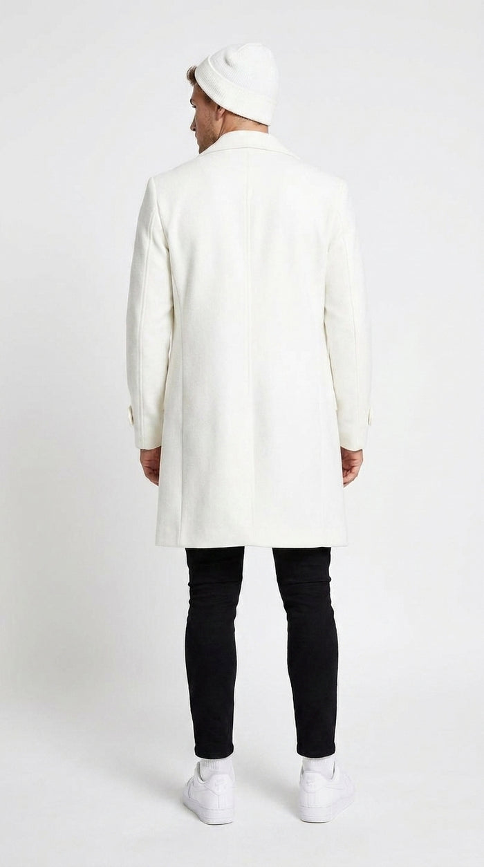 Men’s White Cashmere and Wool Double-Breasted Overcoat – Classic Car Coat for Business and Formal Wear