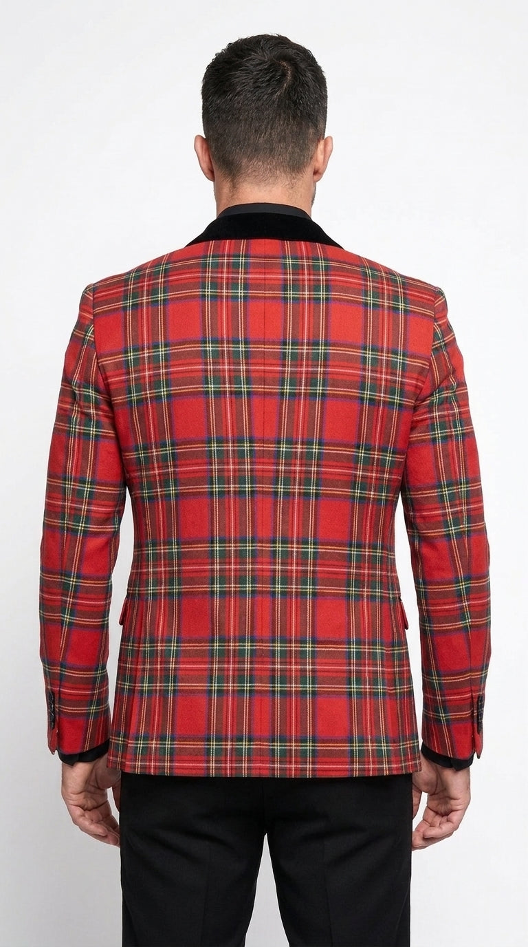Men’s Red Tartan Plaid Shawl Lapel Holiday Blazer, PLAID-235 Formal Dinner Jacket