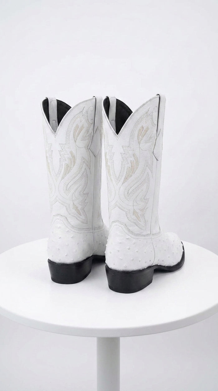 Men’s White Print Ostrich Western Boots, Exotic Cowboy Dress Boots for Wedding and Country Wear