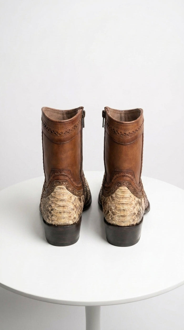 Men’s Natural Python Skin European Toe Short Boots, Brown Western Dress Ankle Boots