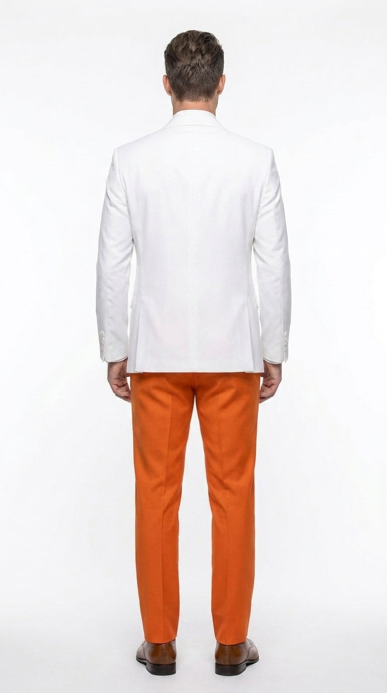 Men’s White and Orange Tuxedo Wedding Suit Set, Formal Prom Groom Dinner Suit