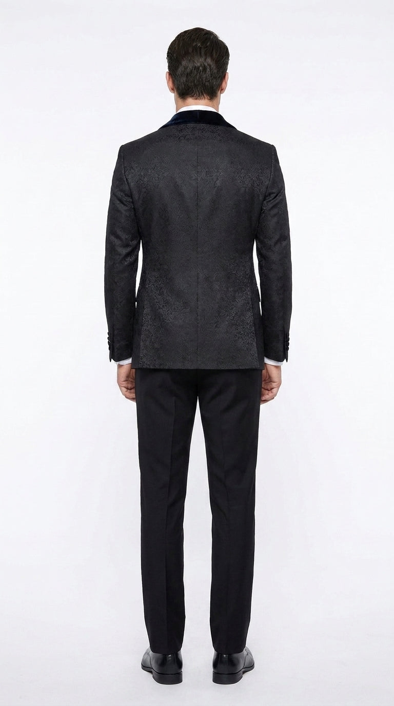 Men’s Black Designer 3-Piece Wedding Tuxedo – Wide Velvet Shawl Lapel Vested Formal Suit