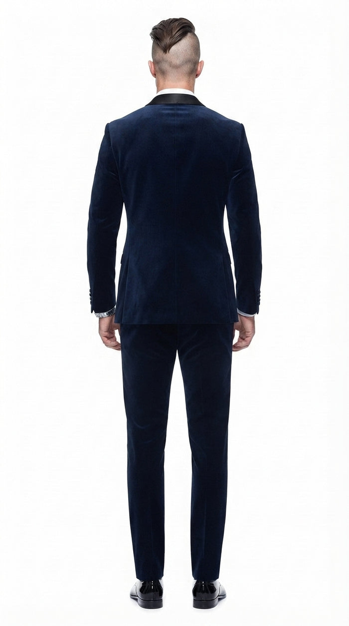 Men’s 007 James Bond Navy Wool Tuxedo – Black Satin Shawl Lapel Wedding and Formal Suit