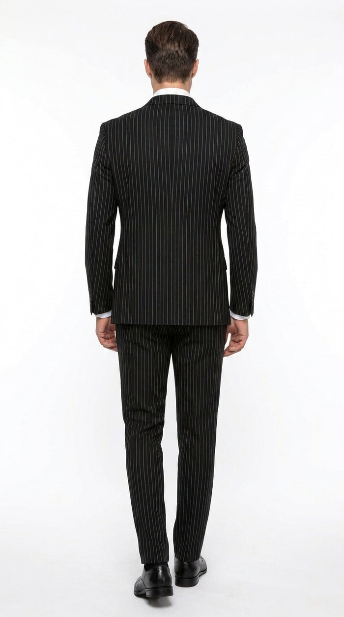Men’s Black Bold Pinstripe Double-Breasted Wool Suit – Designer Gangster Wedding and Formal Suit