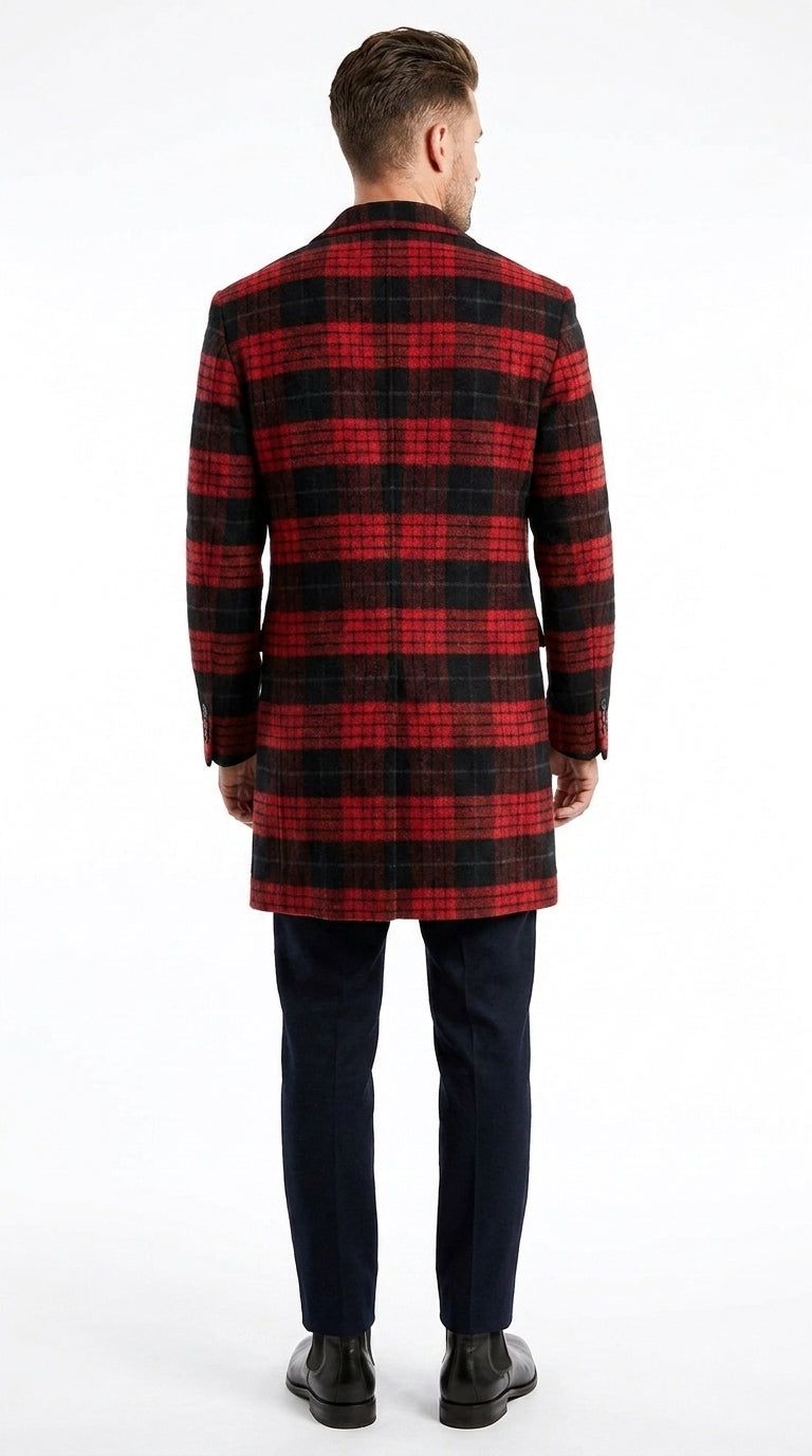 Men’s Red and Black Plaid Double-Breasted Overcoat – Wool-Blend Peacoat and Winter Topcoat