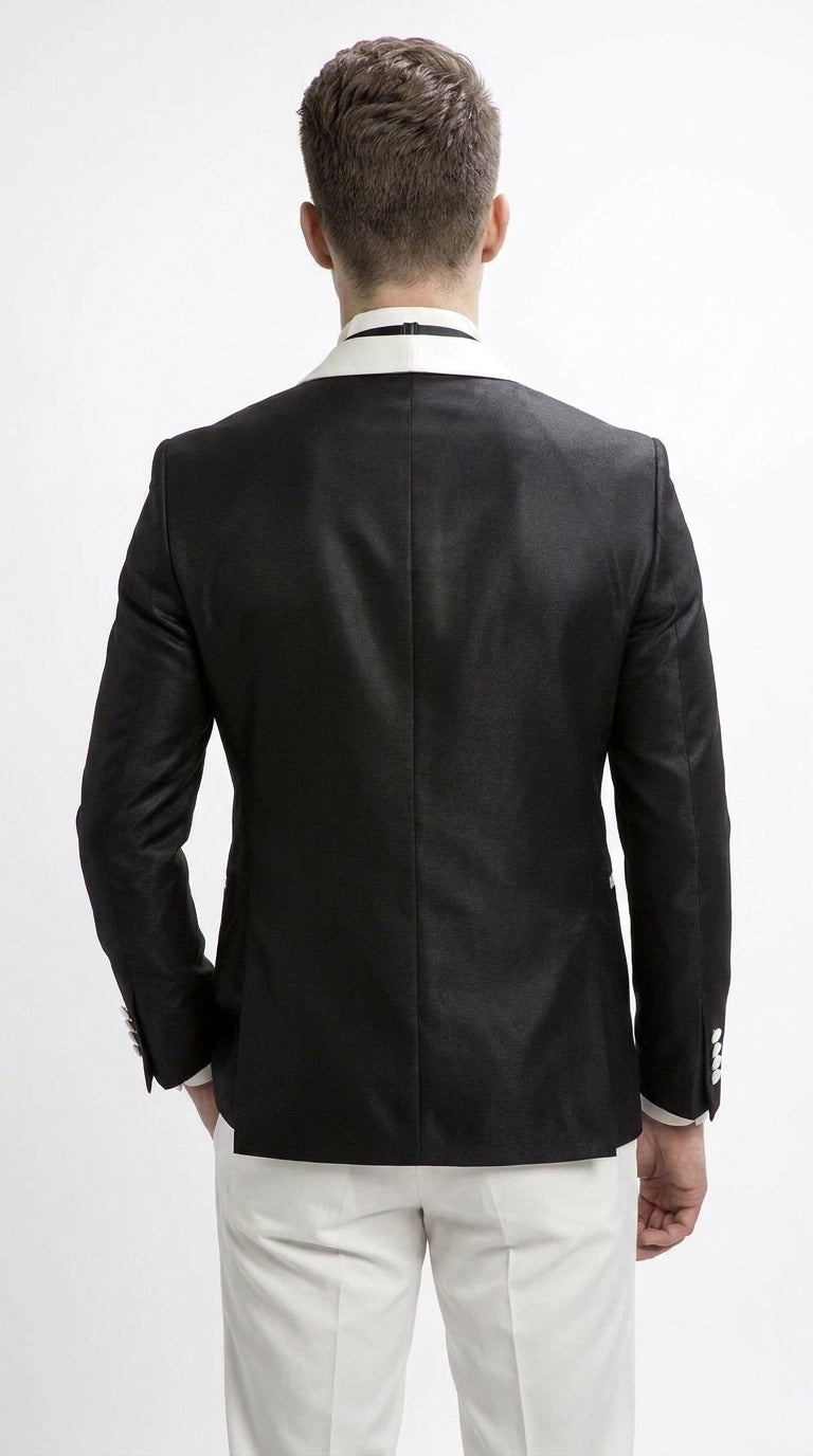 Men’s Black Dinner Jacket with White Shawl Lapel, Single Button Formal Tuxedo Blazer