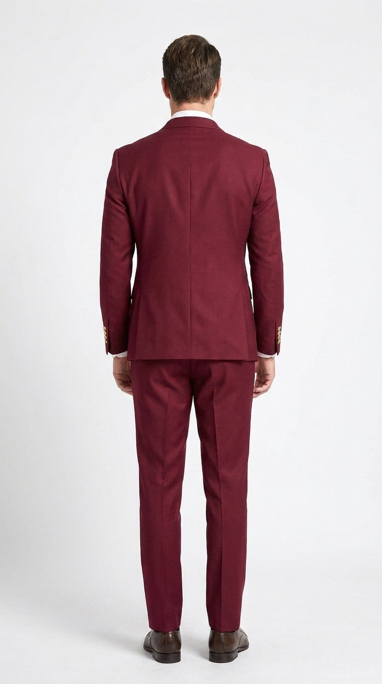 Men’s Burgundy Double Breasted Wool Suit with Gold Buttons, Modern Formal Wedding Business Suit