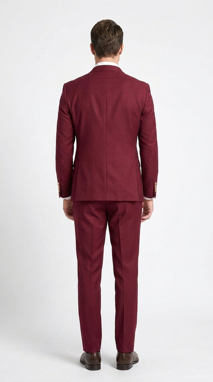 Men’s Burgundy Double Breasted Wool Suit with Gold Buttons, Modern Formal Wedding Business Suit