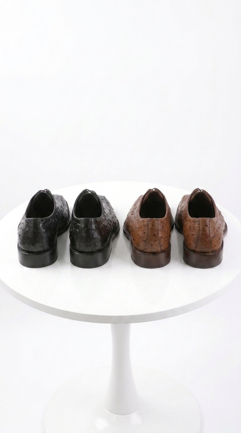 Men’s Exotic Ostrich Oxford Dress Shoes, Black and Brown Lace-Up Ostrich Skin Formal Shoes