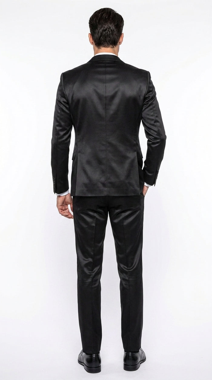 Men’s Black Satin 3 Piece Suit, Formal Wedding Prom Dress Suit with Vest