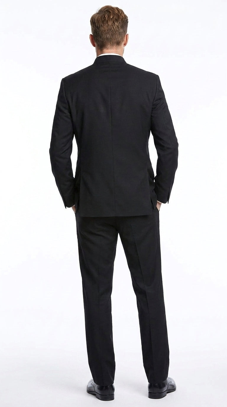 Men’s Black Mandarin Banded Collar Tuxedo, 5 Button Formal Wedding Prom Suit