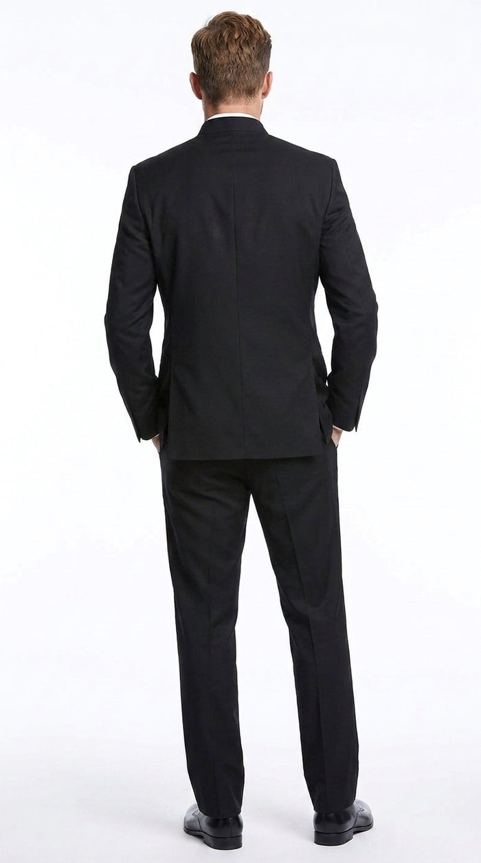 Men’s Black Mandarin Banded Collar Tuxedo, 5 Button Formal Wedding Prom Suit