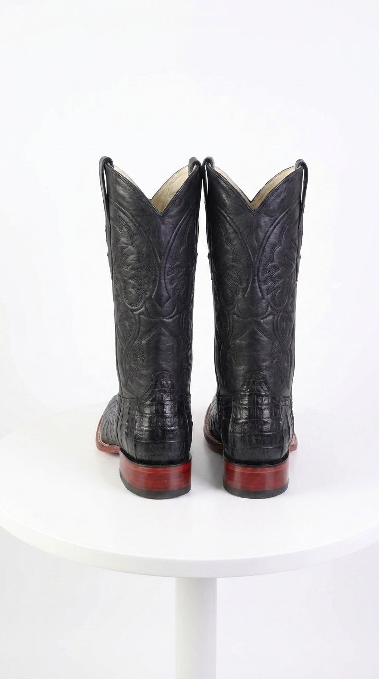 Los Altos Men’s Black Caiman Belly Wide Square Toe Boots, Exotic Western Cowboy Dress Boots