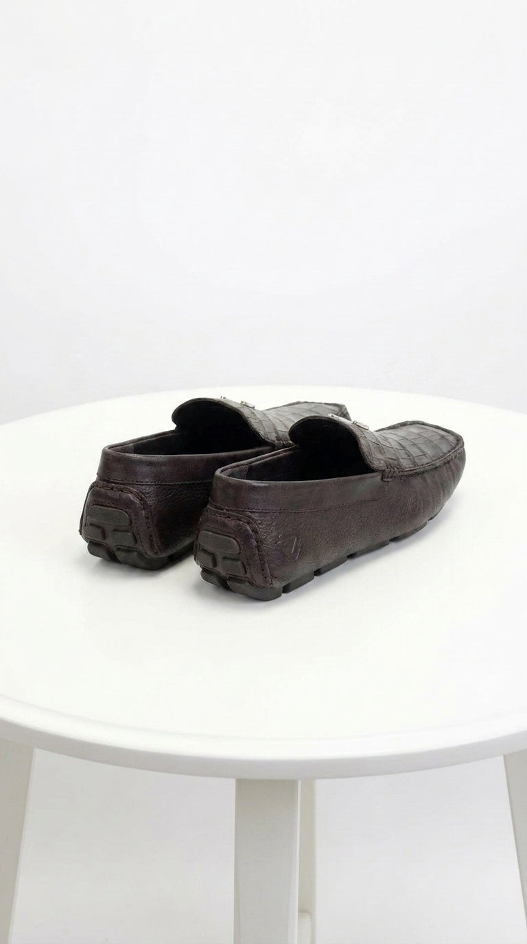 Vestigium Men’s Brown Genuine Caiman Belly Loafers, Handcrafted Alligator Texture Dress Shoes