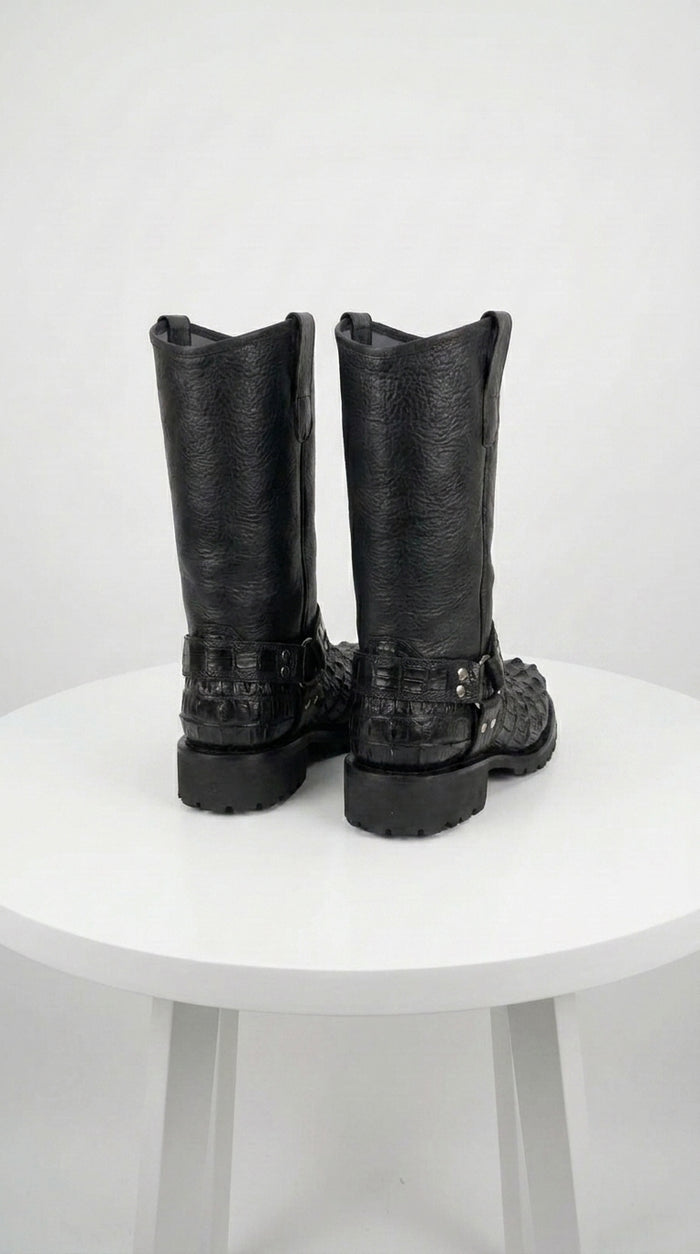 Los Altos Men’s Black Caiman Tail Skin Biker Boots, Exotic Western Motorcycle Boots