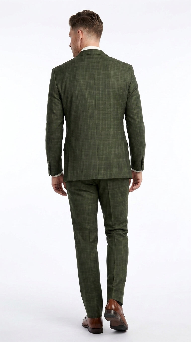 Men’s Olive Green Glen Plaid 3 Piece Suit, Regular Fit Formal Wedding Business Dress Suit
