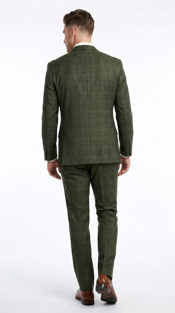 Men’s Olive Green Glen Plaid 3 Piece Suit, Regular Fit Formal Wedding Business Dress Suit