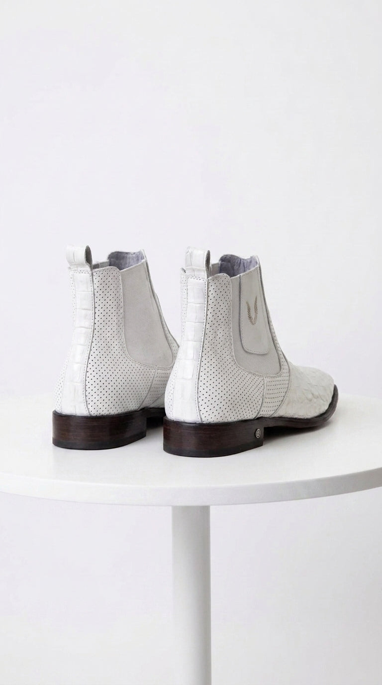 Men’s White Caiman Chelsea Boots, Handmade Exotic Dress Ankle Boots for Formal and Western Style