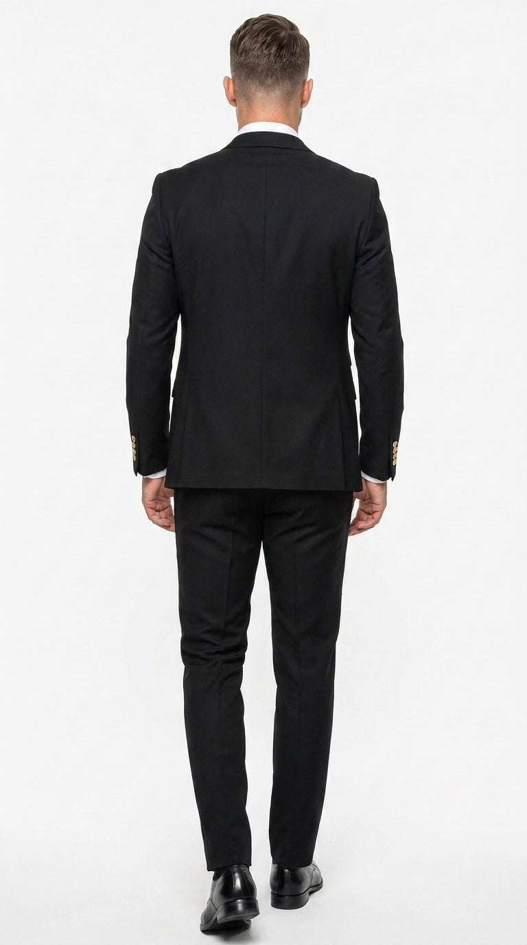 Men’s Black Wool Suit with Gold Buttons, One Button Formal Wedding Business Suit with Double Breasted Vest