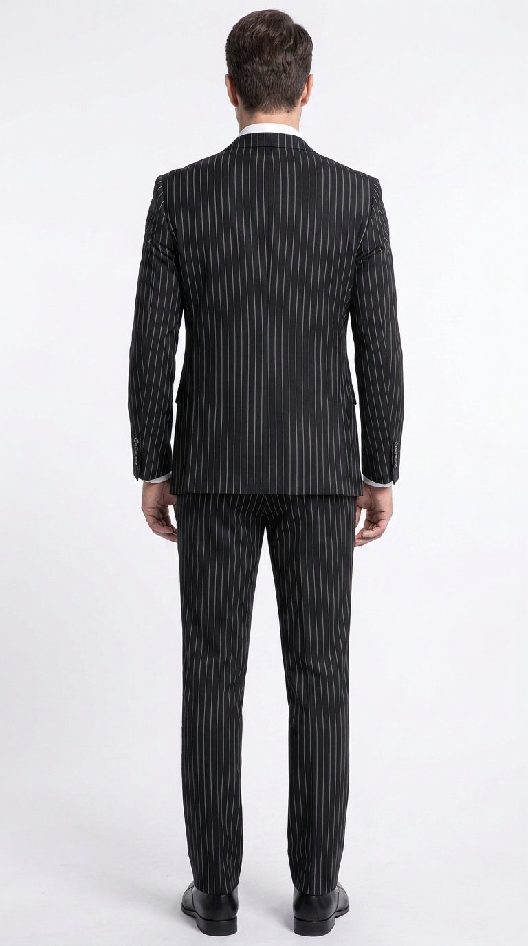 Men’s Black Pinstripe 1920s Gangster Suit with Vest, Formal Vintage Party Dress Suit