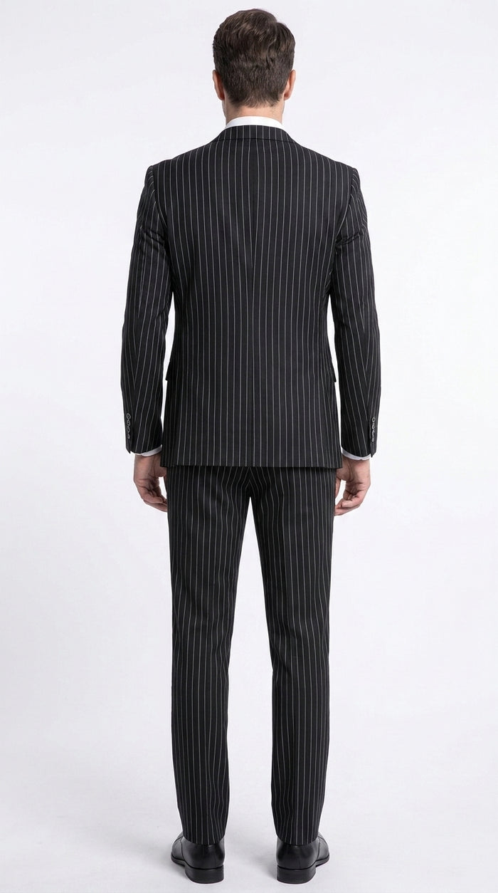 Men’s Black Pinstripe 1920s Gangster Suit with Vest, Formal Vintage Party Dress Suit