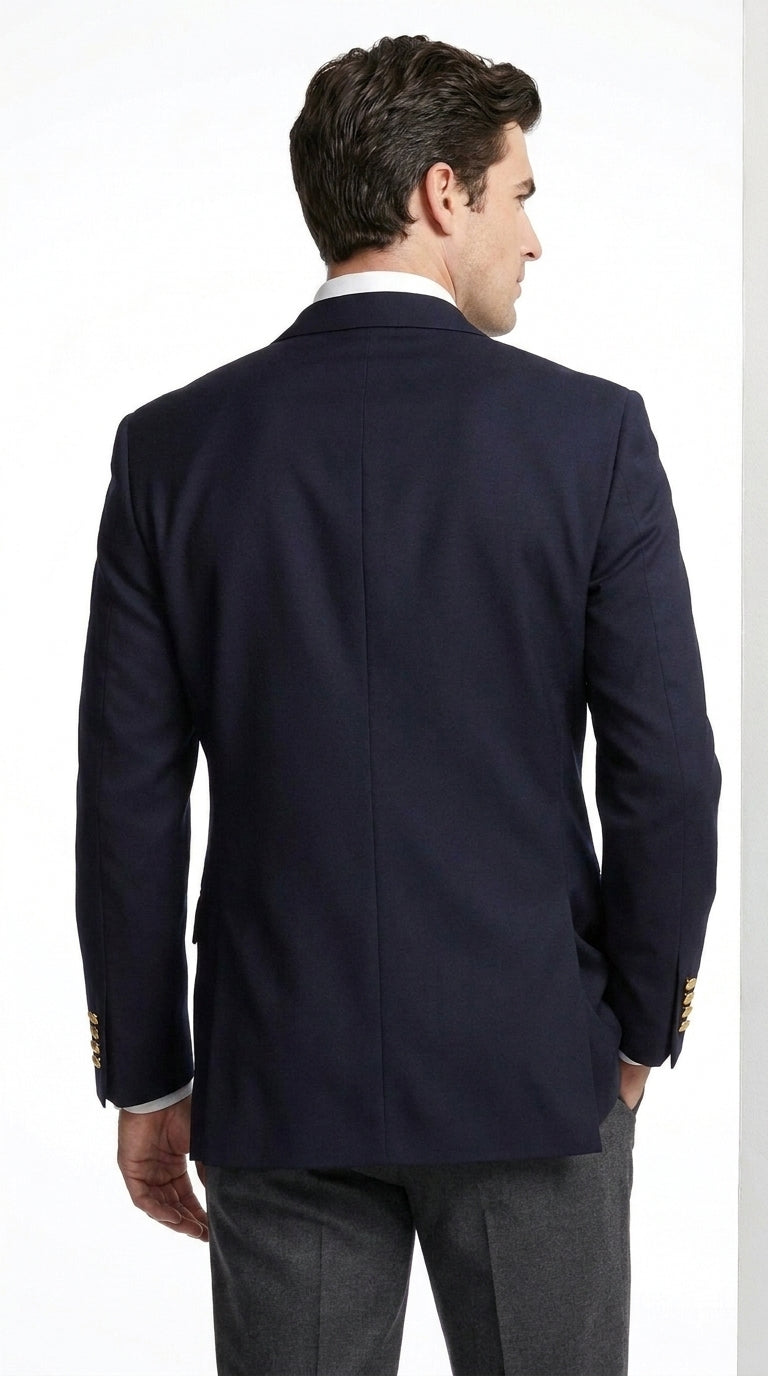 Men’s Classic Navy Blue Sport Coat with Brass Buttons, Handmade Formal Business Blazer