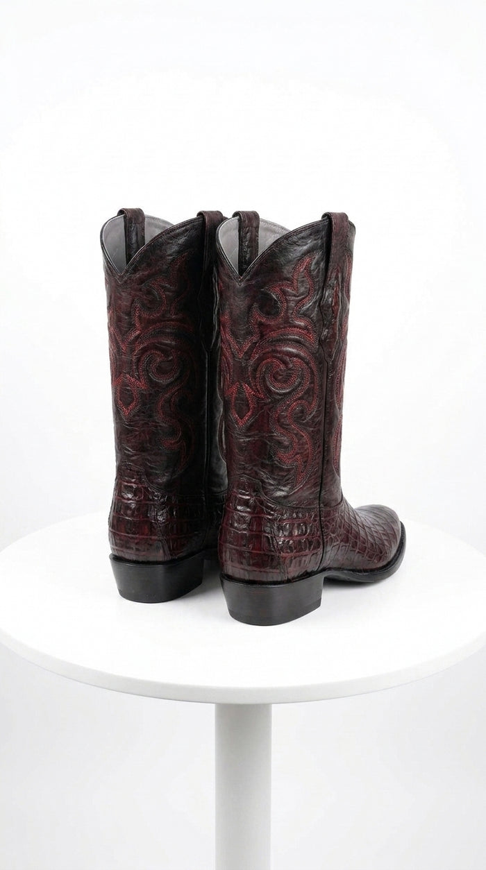 Los Altos Men’s Black Cherry Caiman Belly Boots, Round Toe Exotic Western Cowboy Dress Boots