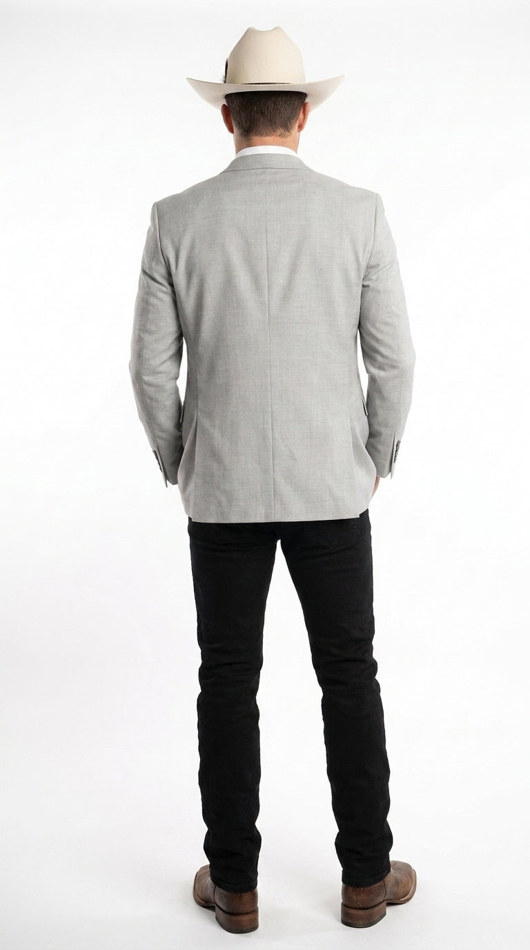 Men’s Light Gray Western Suit Blazer with Double-Breasted Vest, Modern Cowboy Formal Outfit