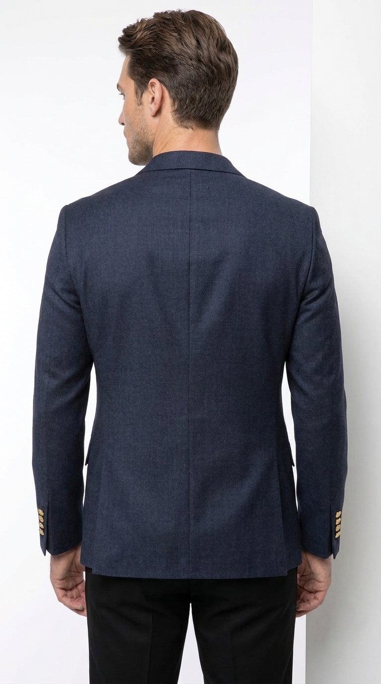 Men’s Navy Blue Double Breasted Wool Blazer with Gold Buttons, Formal Dress Sport Coat