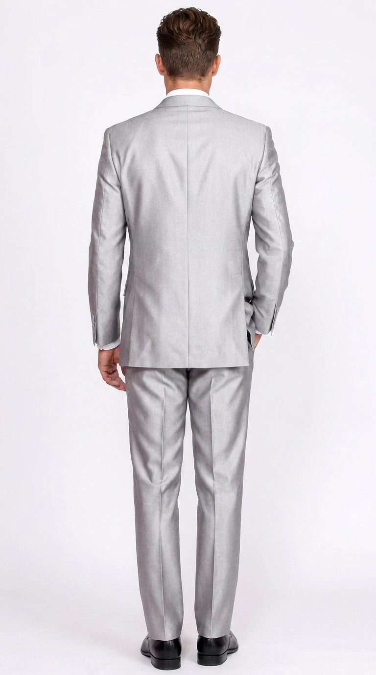 Men’s Silver 2 Button Sharkskin Suit, Shiny Formal Wedding Prom Business Dress Suit