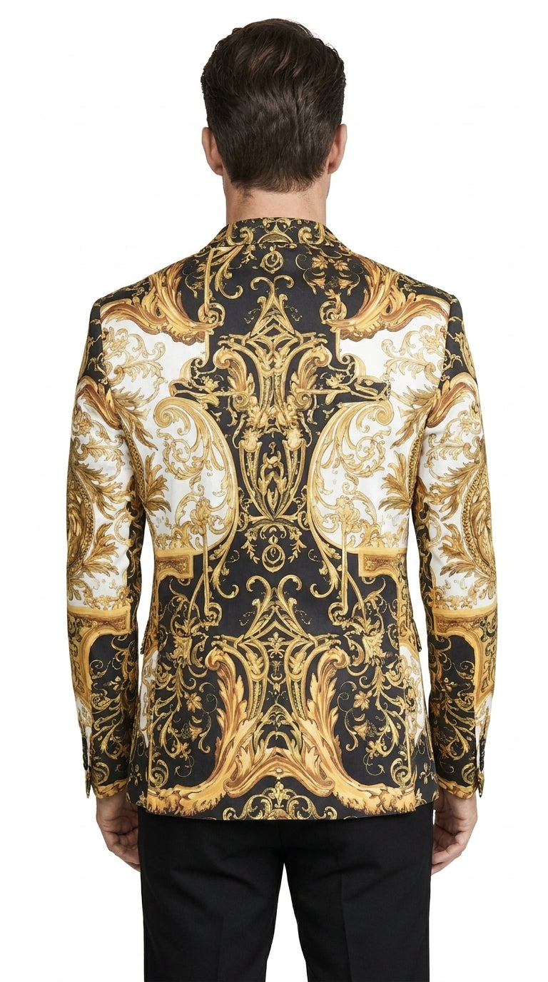 Men’s Black and Gold Baroque Blazer, Luxury Pattern Formal Party Sport Coat