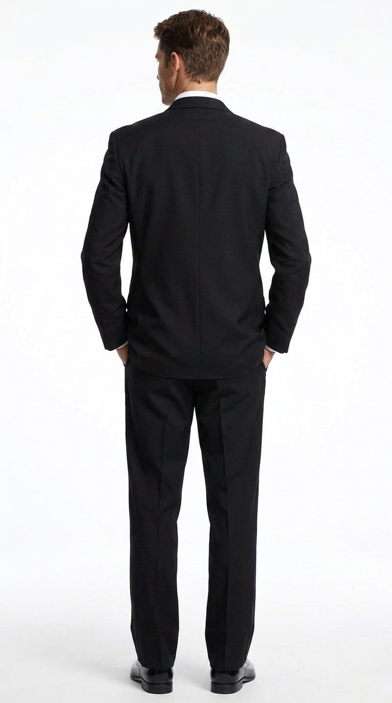 Men’s Black Super 120s Tuxedo Package Deal, 2 Button Formal Suit with White Shirt, Tie and Vest